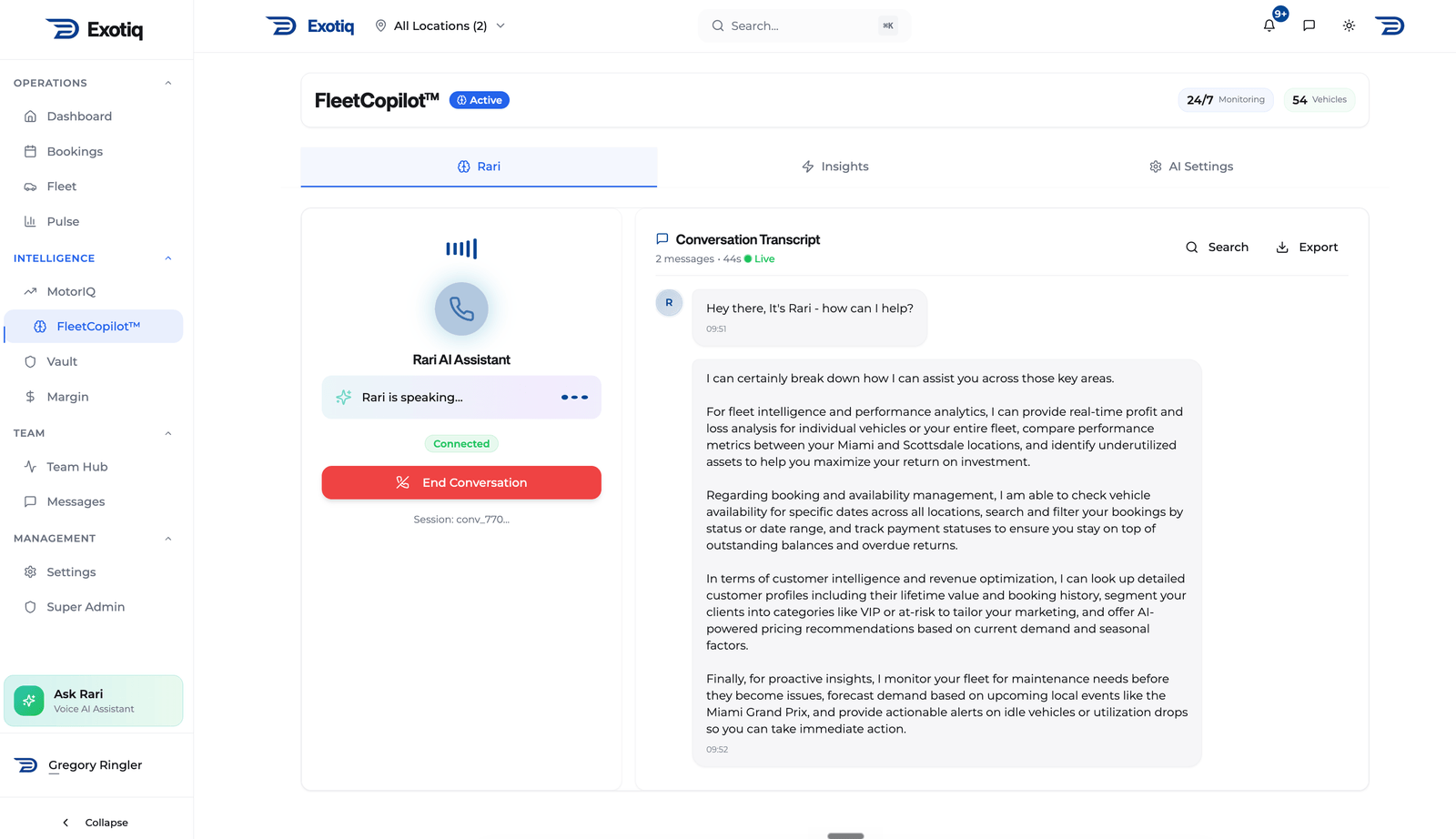 FleetCopilot AI assistant interface showing voice commands and task management
