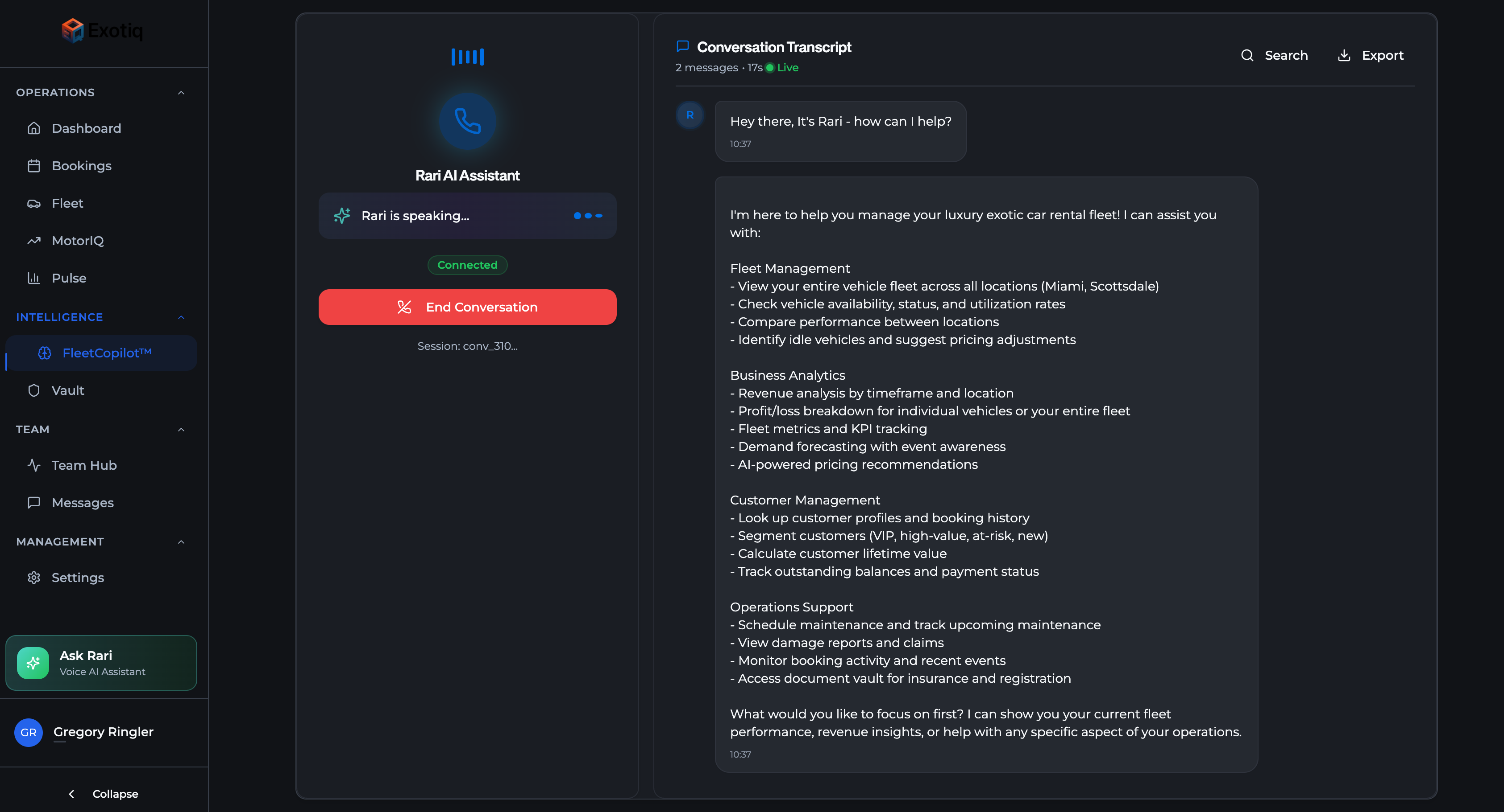 FleetCopilot AI assistant interface showing voice commands
